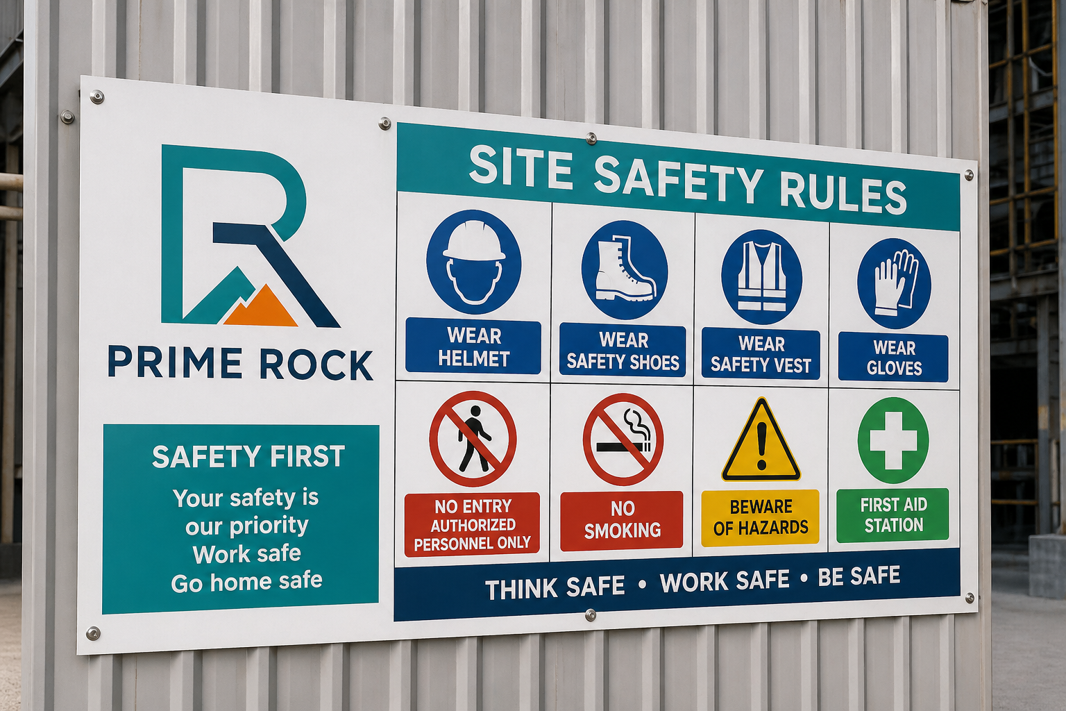 PRIME ROCK site safety rules board